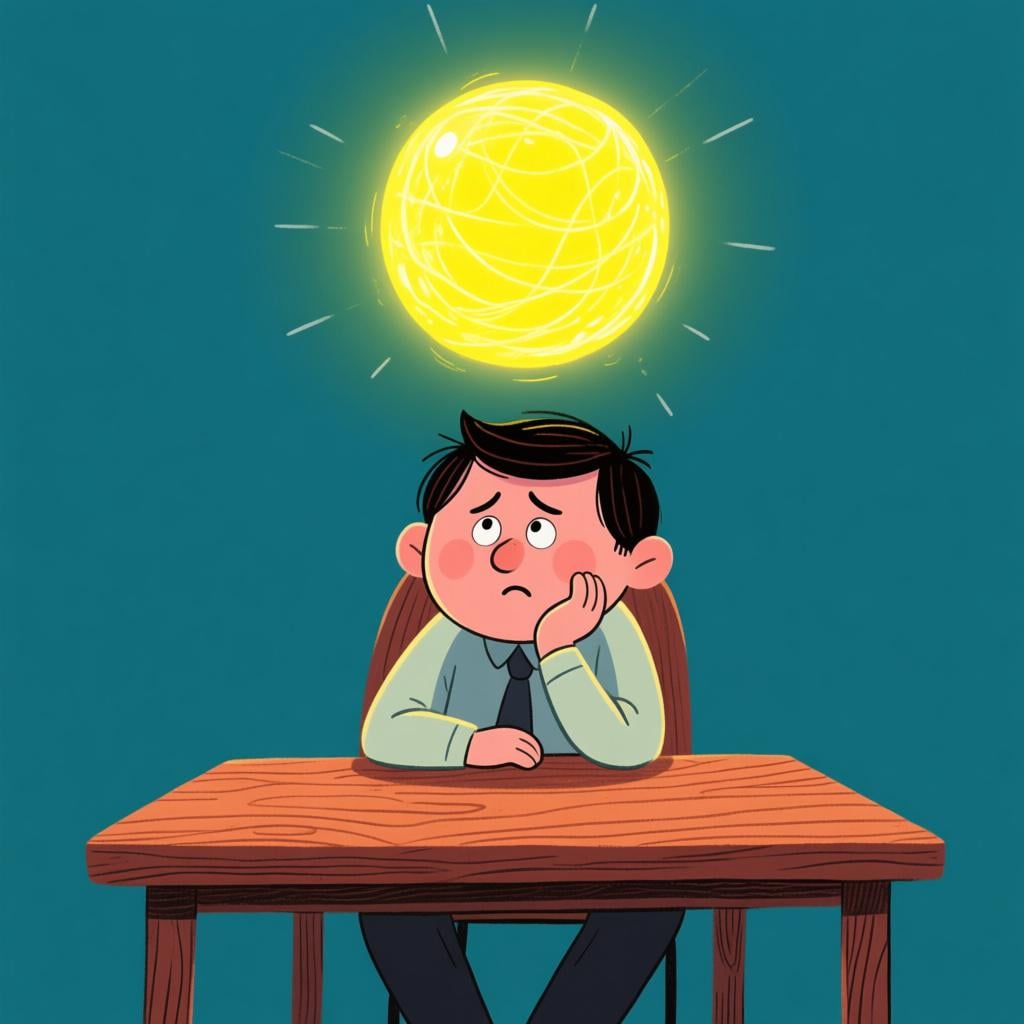 A thoughtful person sitting at a wooden table looking confused. Above their head, a brilliant, glowing yellow orb suddenly appears, representing a new idea.