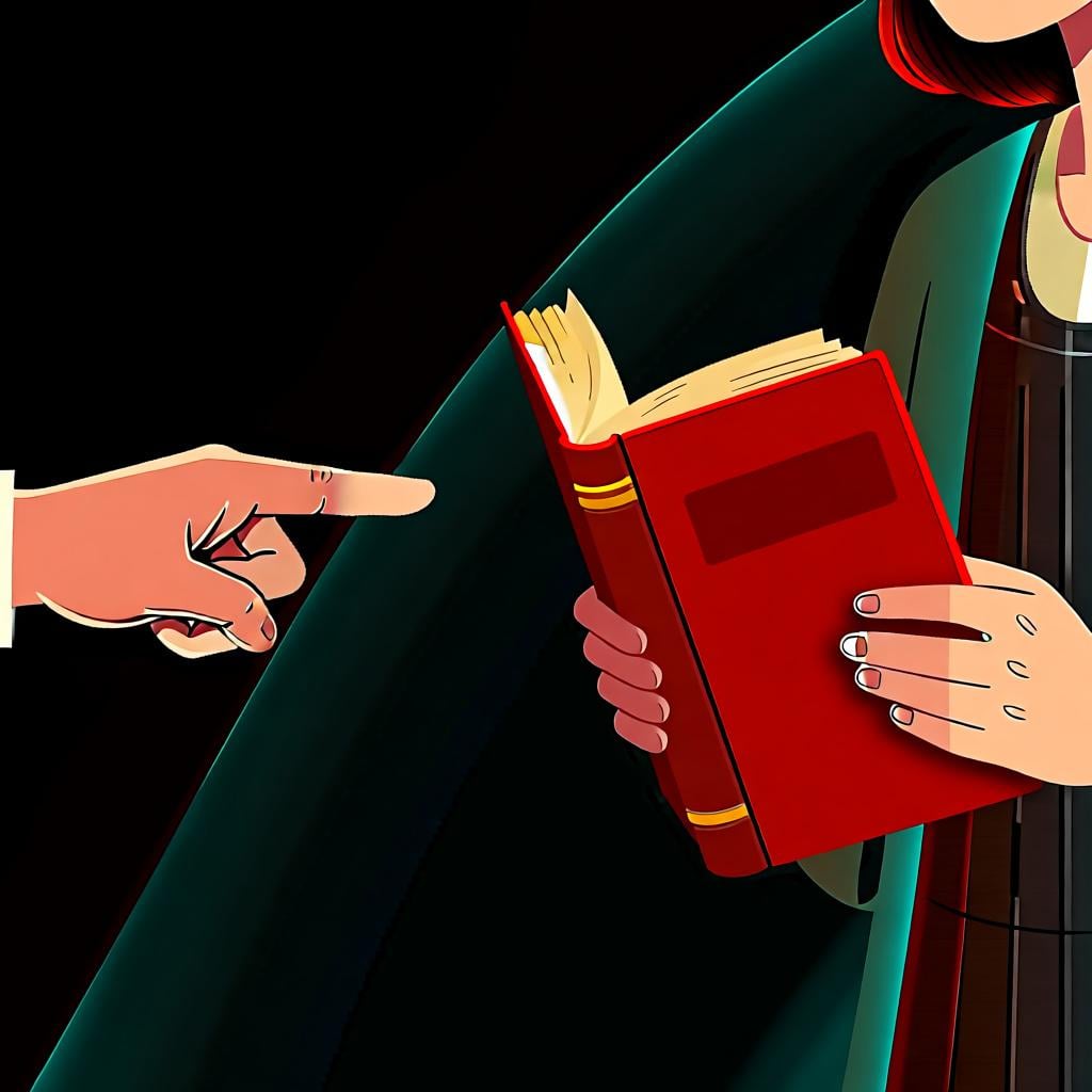 A simple diagram showing a hand on the left pointing to a book being held by a person on the right, indicating that the book belongs to that other person.
