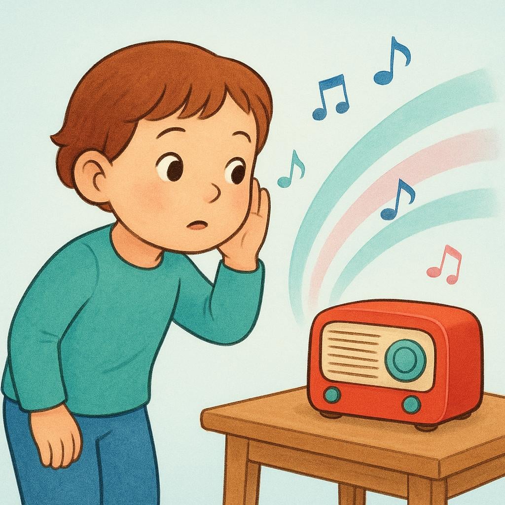 A simple storybook illustration of a child intently cupping their ear, focusing on sound waves that are clearly emanating from a large, colorful object like a vintage radio.