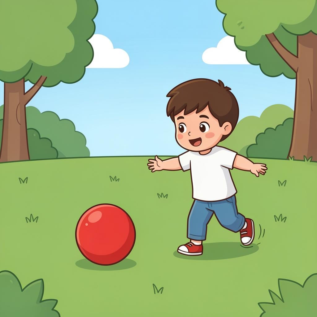 A friendly child taking a step forward to reach for a bright red ball on the grass.