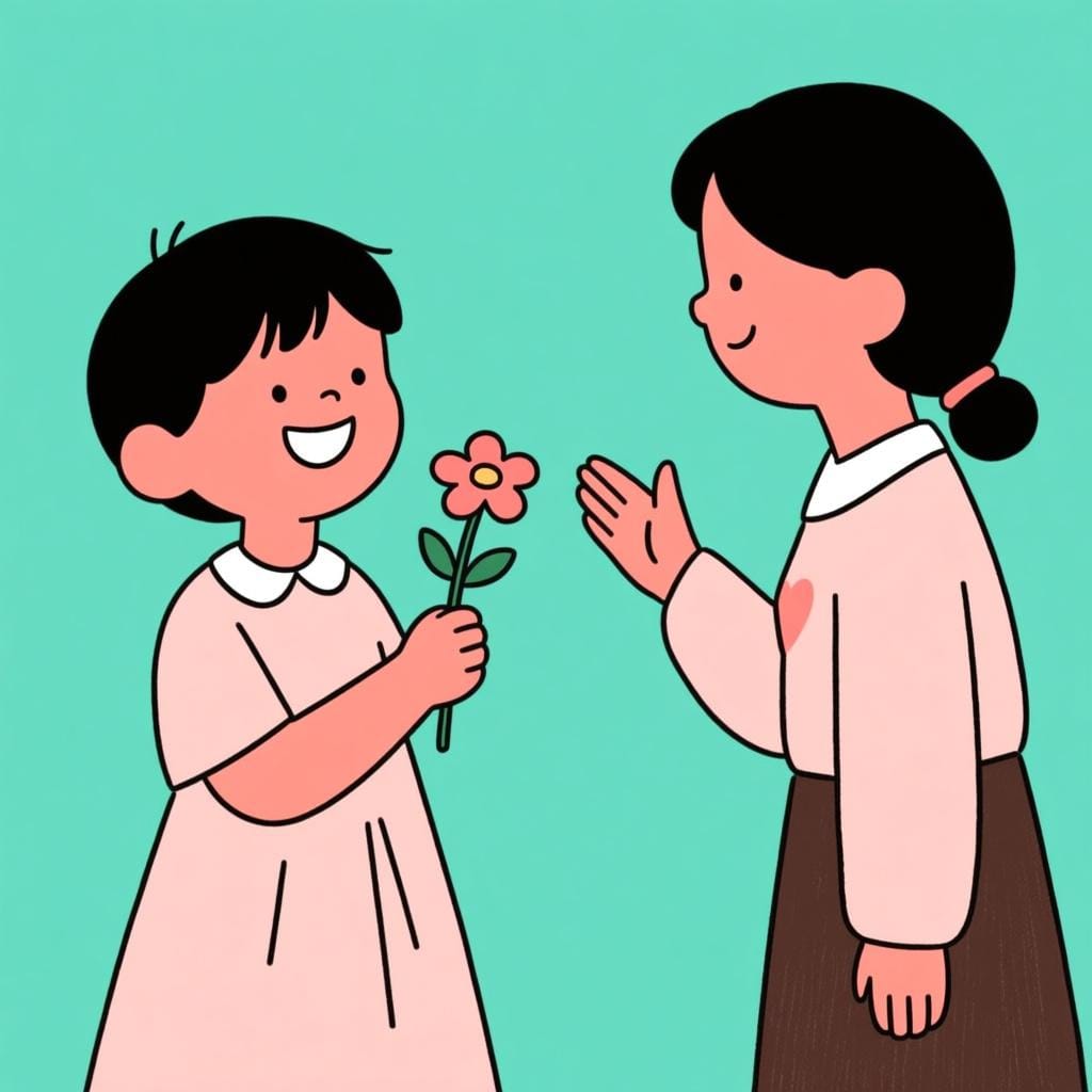 一人の人が、明るく微笑んで一輪の花を持っているもう一人の人を優しく指し示している、シンプルな絵本風のイラスト(「あなたが幸せでありますように」という願いを象徴)。