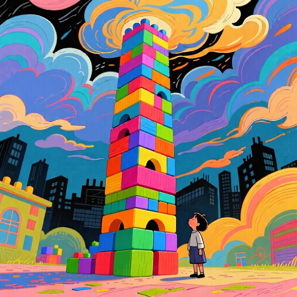 A tiny figure looking up at a ridiculously tall, unstable tower of colorful blocks.