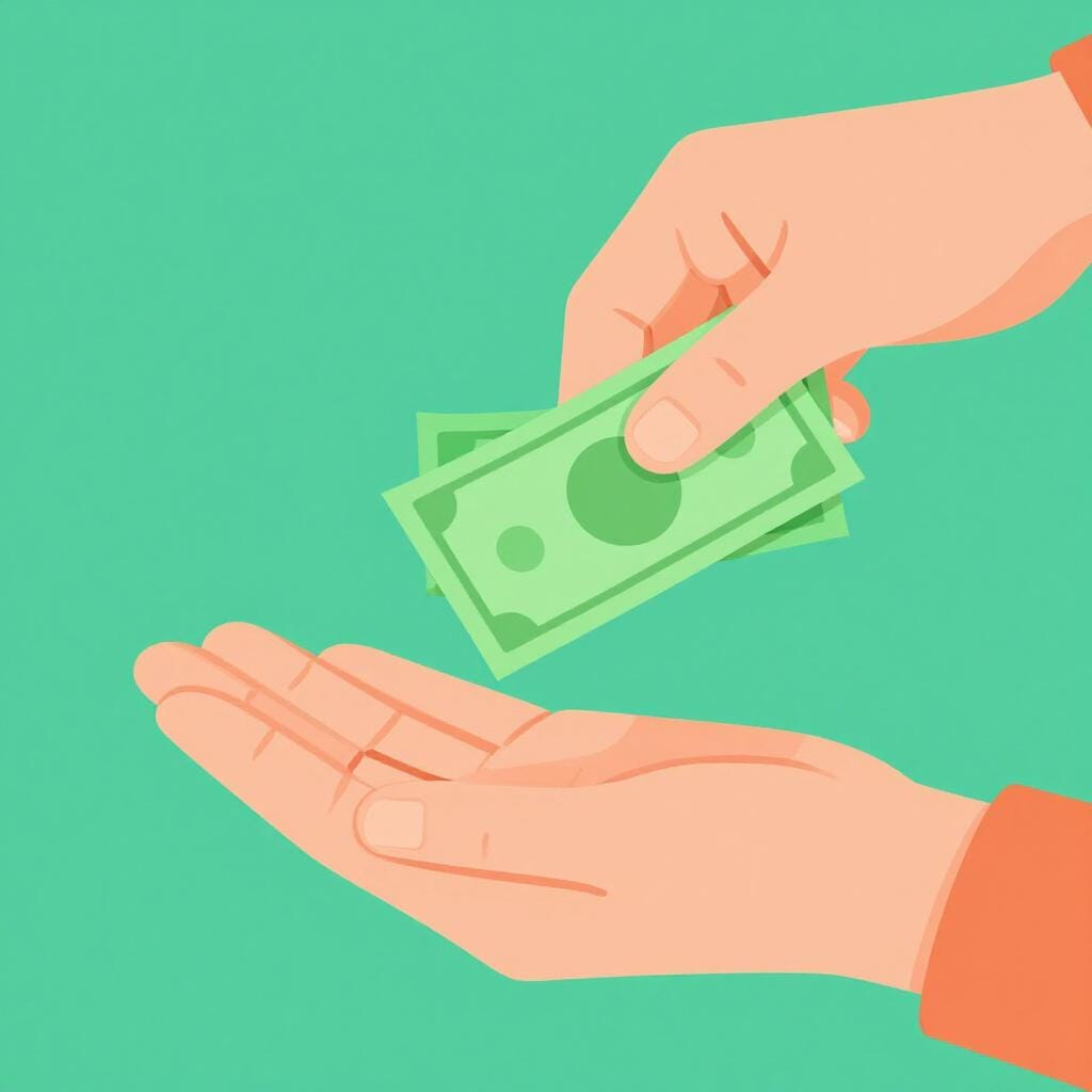 Une personne tendant une liasse de billets colorés à la main ouverte d'une autre personne.