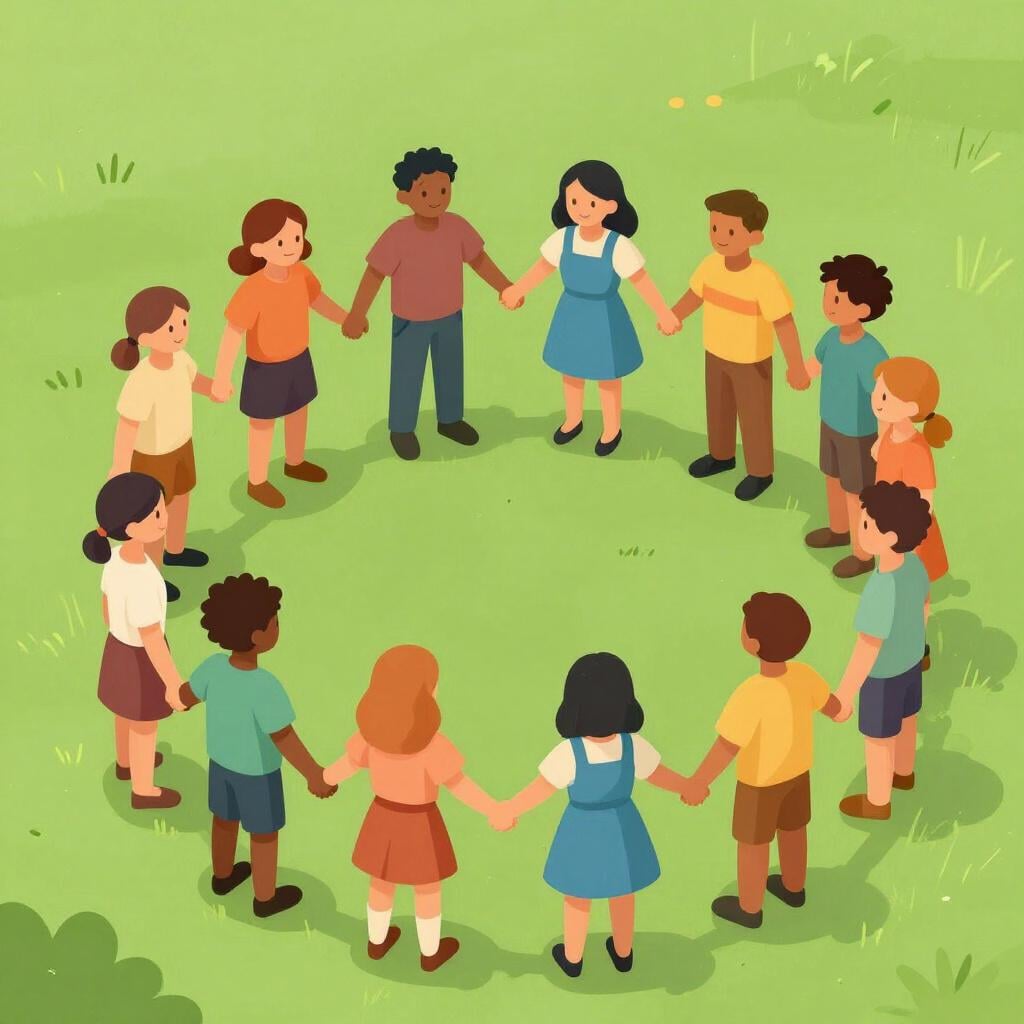 芝生のある公園で、多様な人々が手をつないで円になっている様子。