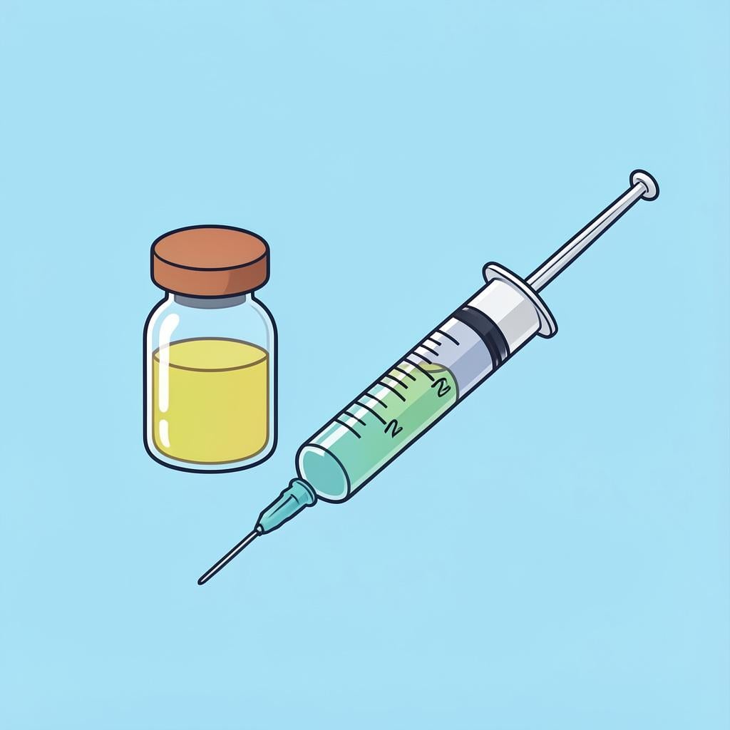 A small glass medical vial with a blue cap and a sterile syringe resting beside it on a clean surface.