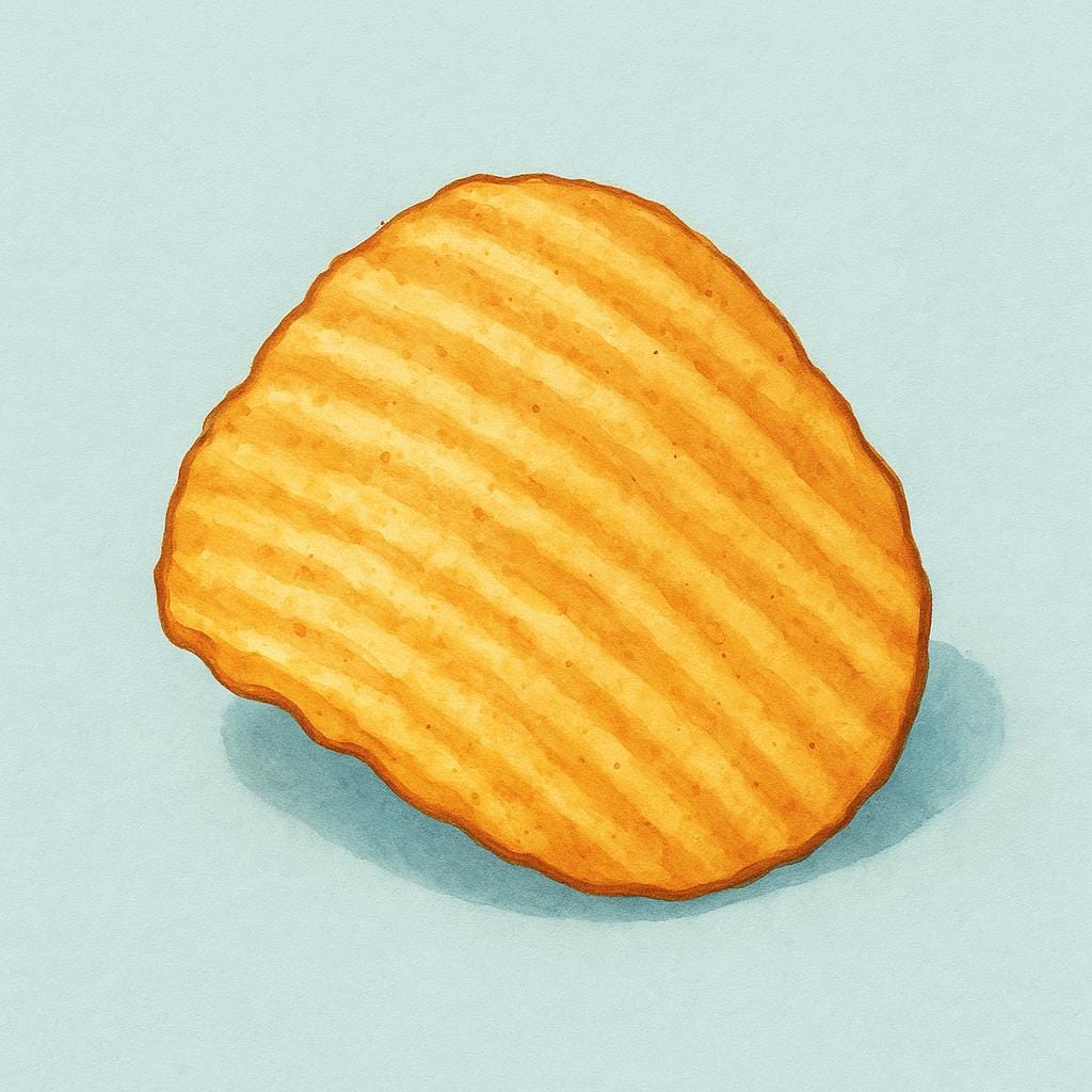 A single, golden brown, wavy potato chip resting on a surface.