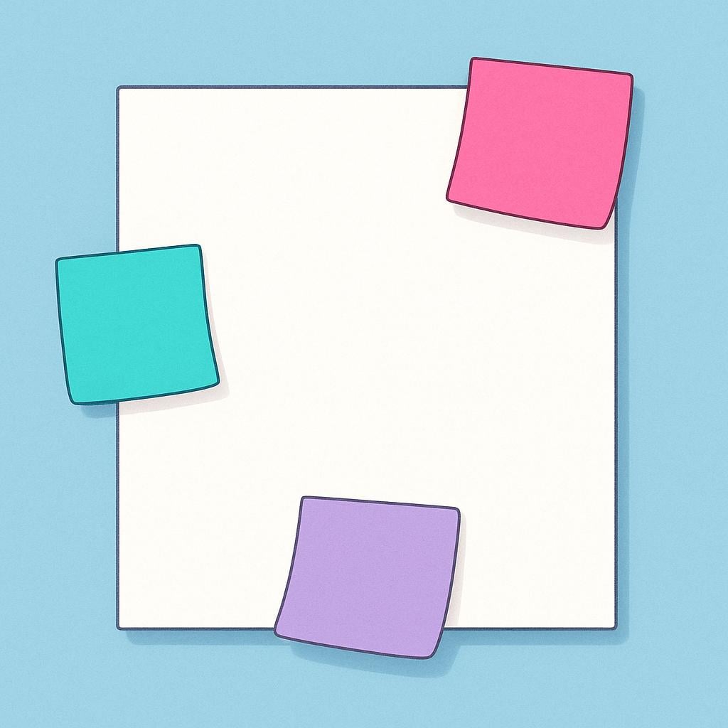 A simple illustration showing a large, plain sheet of paper centered on a background, with three small, distinct, colorful sticky notes attached to the edges, symbolizing written comments or feedback.