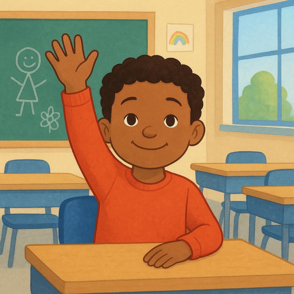 A cheerful child raising their hand high while sitting at a desk, indicating they are present in the classroom.