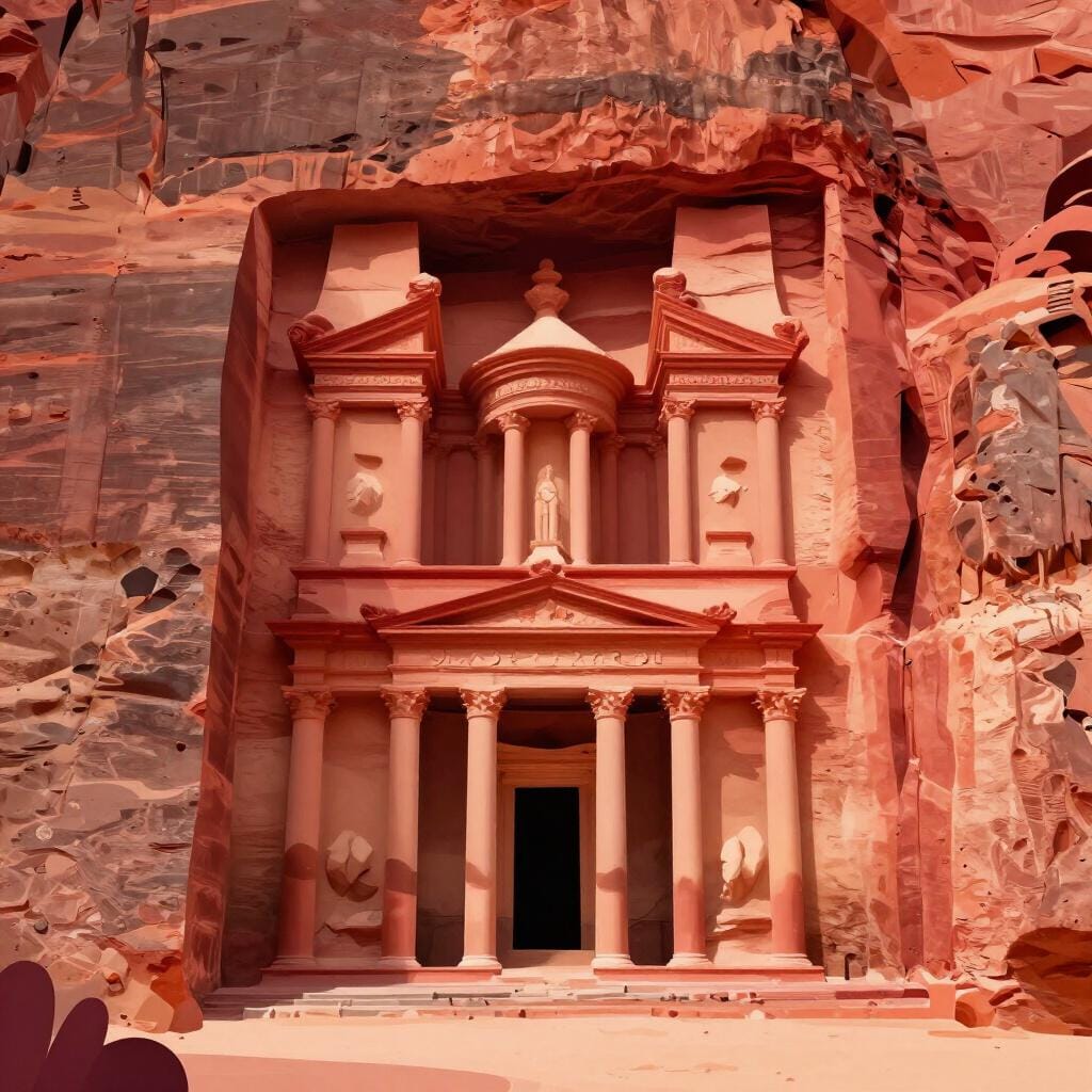 The iconic rock-cut Treasury building at the archaeological site of Petra in Jordan.