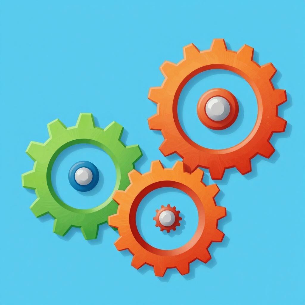 Three large, colorful gears interlock and spin smoothly together, representing a functioning system.