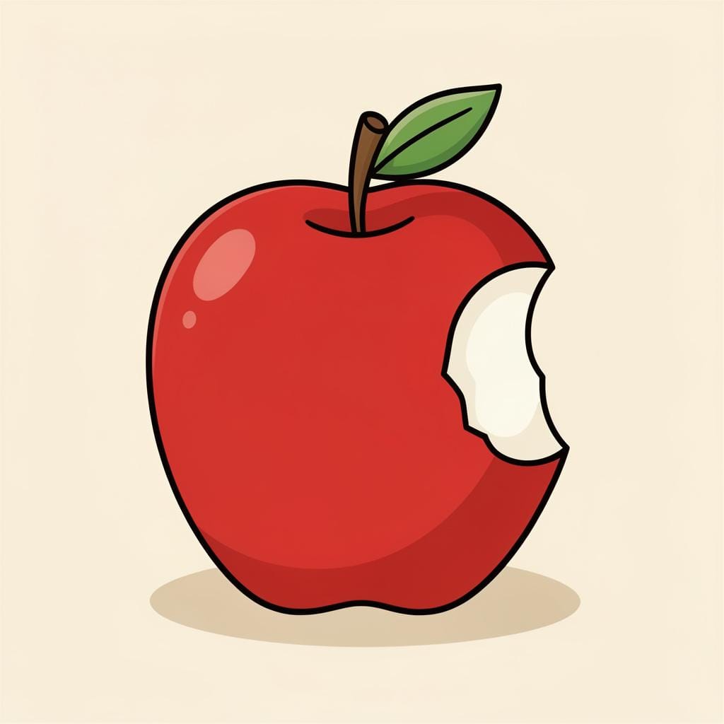 Uma ilustração colorida de livro de histórias de uma maçã vermelha brilhante com uma grande mordida tirada dela.