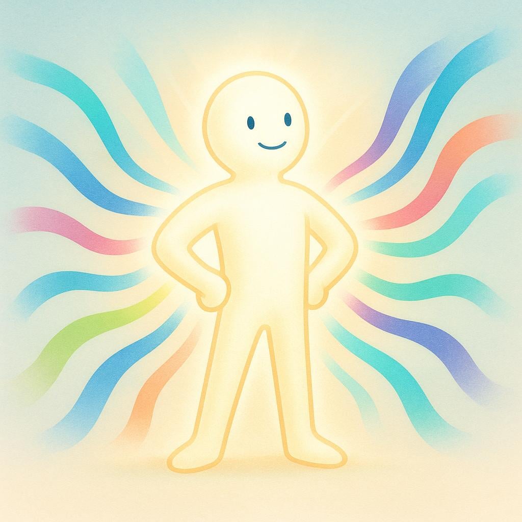A glowing, confident figure radiating bright colors and standing tall, illustrating the concept of personal fulfillment and potential realized.