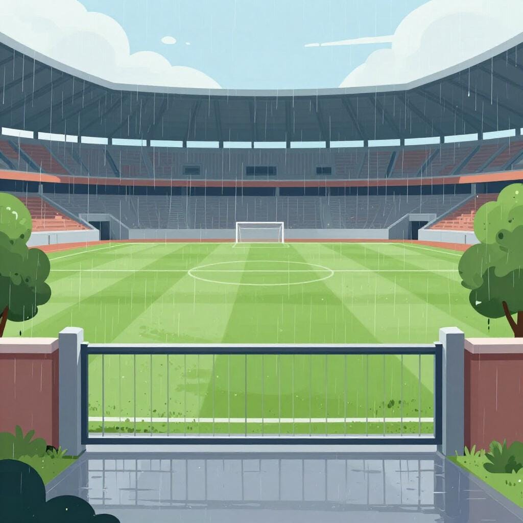 A rainy outdoor stadium with empty seats and a closed gate.