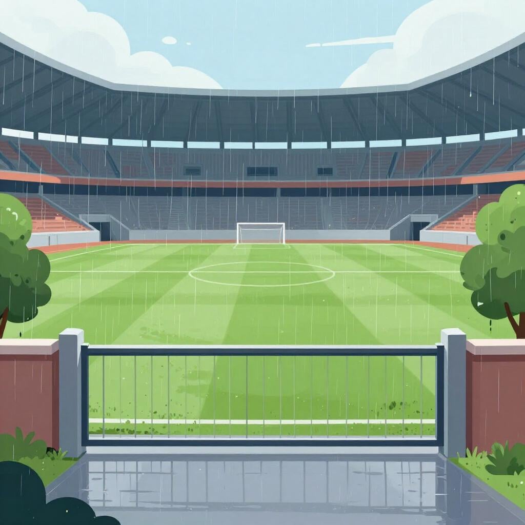 A rainy outdoor stadium with empty seats and a closed gate.