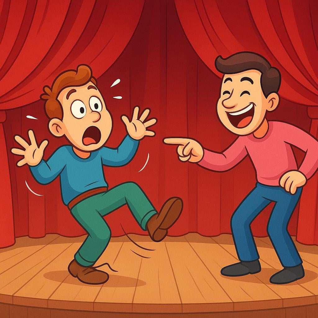 A brightly lit stage scene featuring two highly exaggerated, cartoonish actors engaged in a chaotic, comedic action, illustrating a theatrical farce.