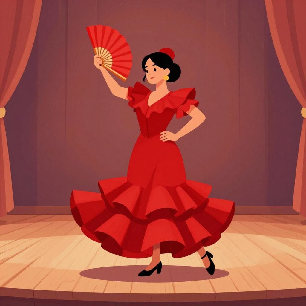 Eine Frau in einem leuchtend roten Kleid, die mit einem Fächer einen traditionellen spanischen Tanz aufführt.