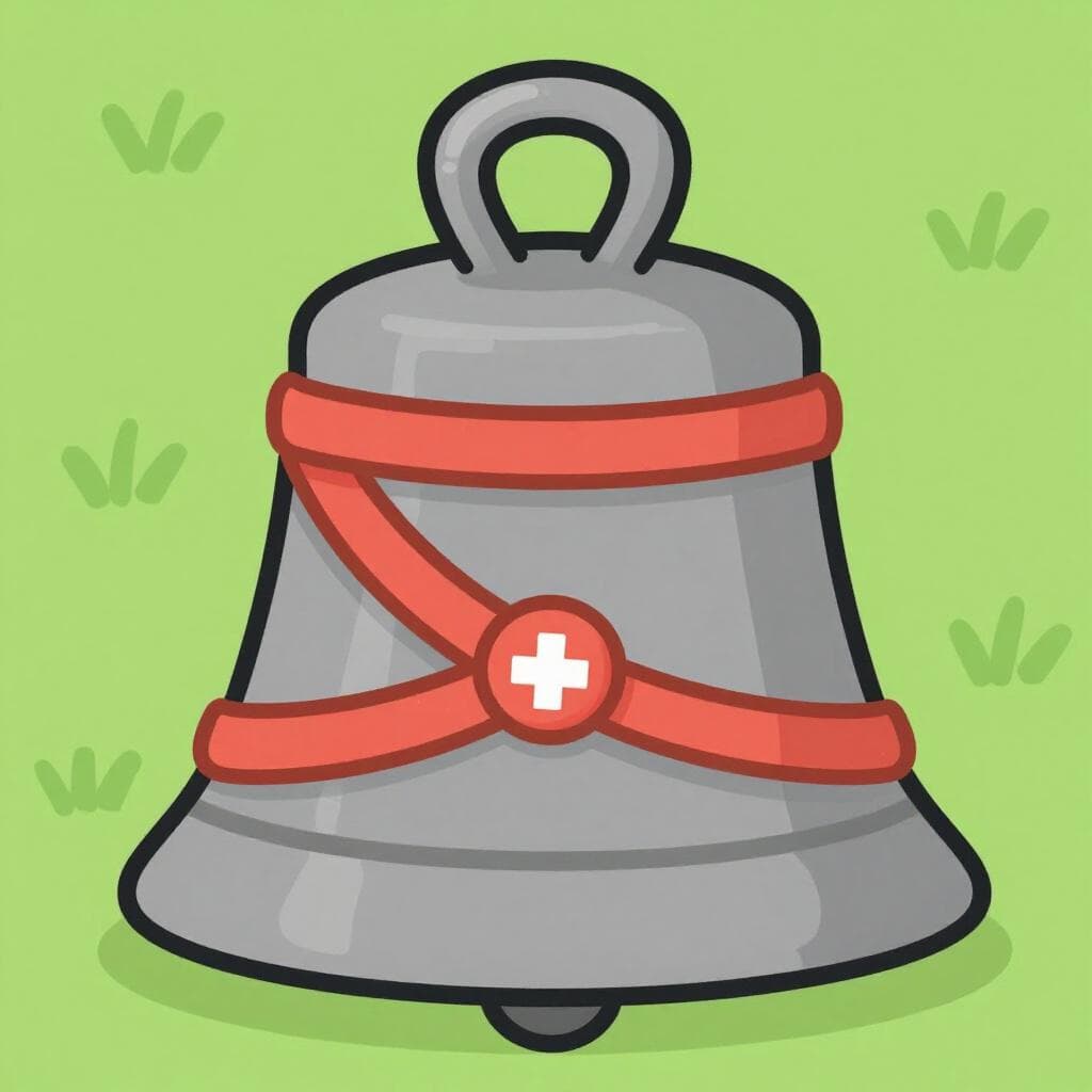 Un classico campanaccio in metallo con un cinturino rosso e bianco con una croce bianca, che rappresenta l'origine svizzera.