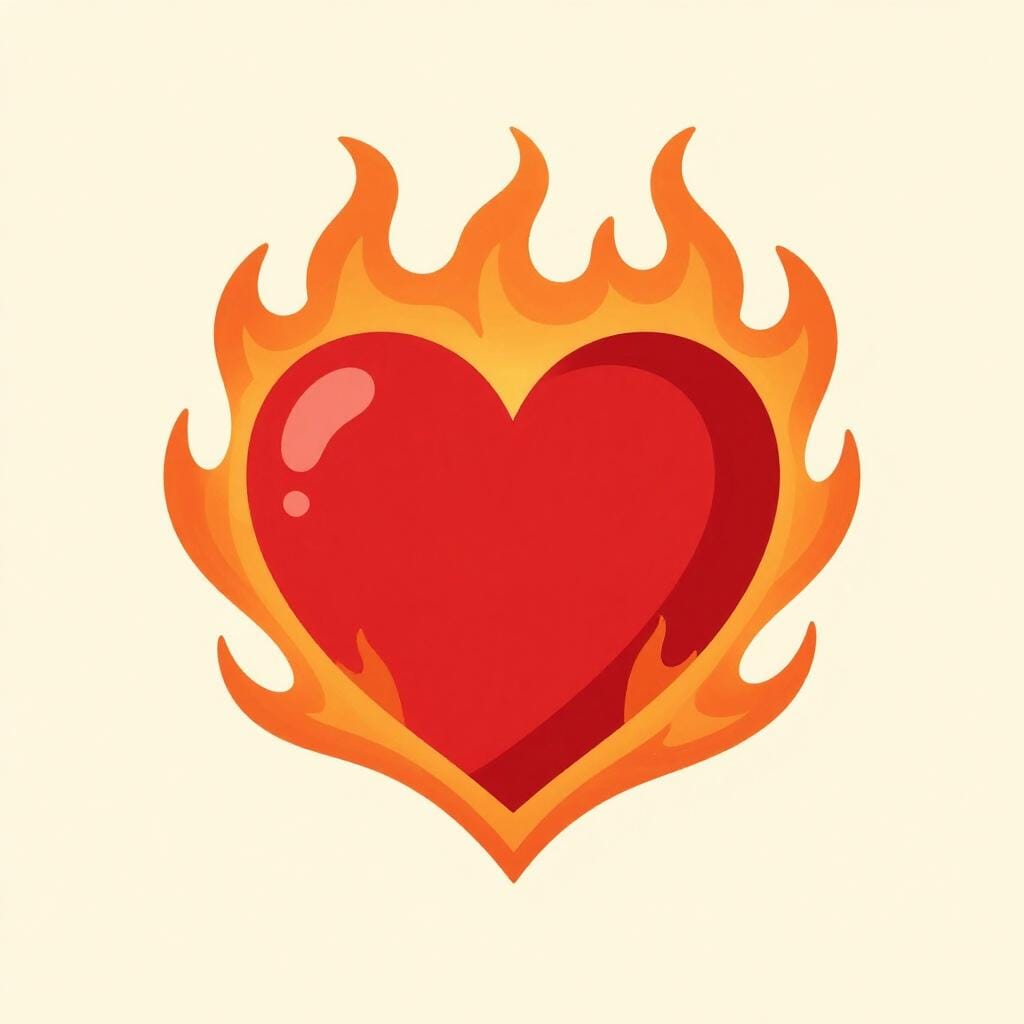 A vibrant illustration of a glowing red heart surrounded by swirling, warm flames on a simple background.