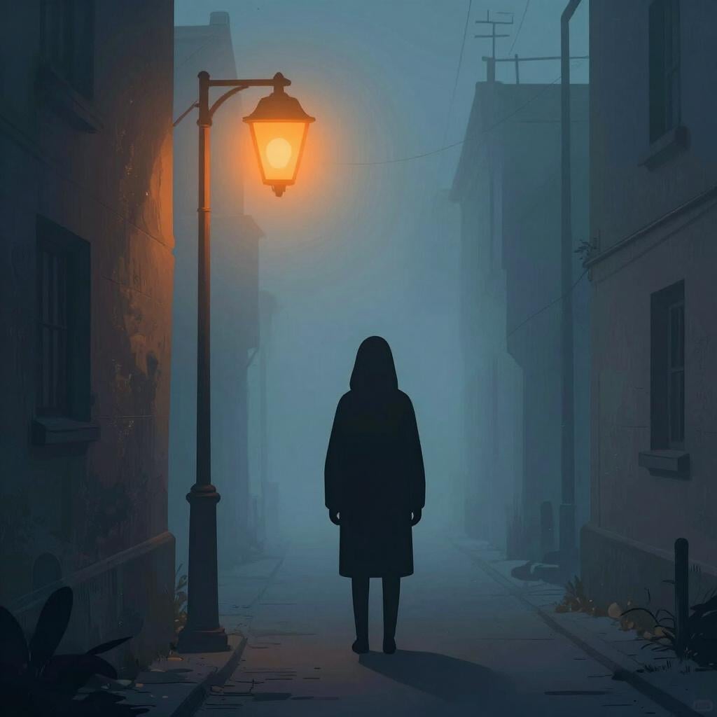 A dark, shadowy figure standing in a foggy alleyway under a dim streetlamp.
