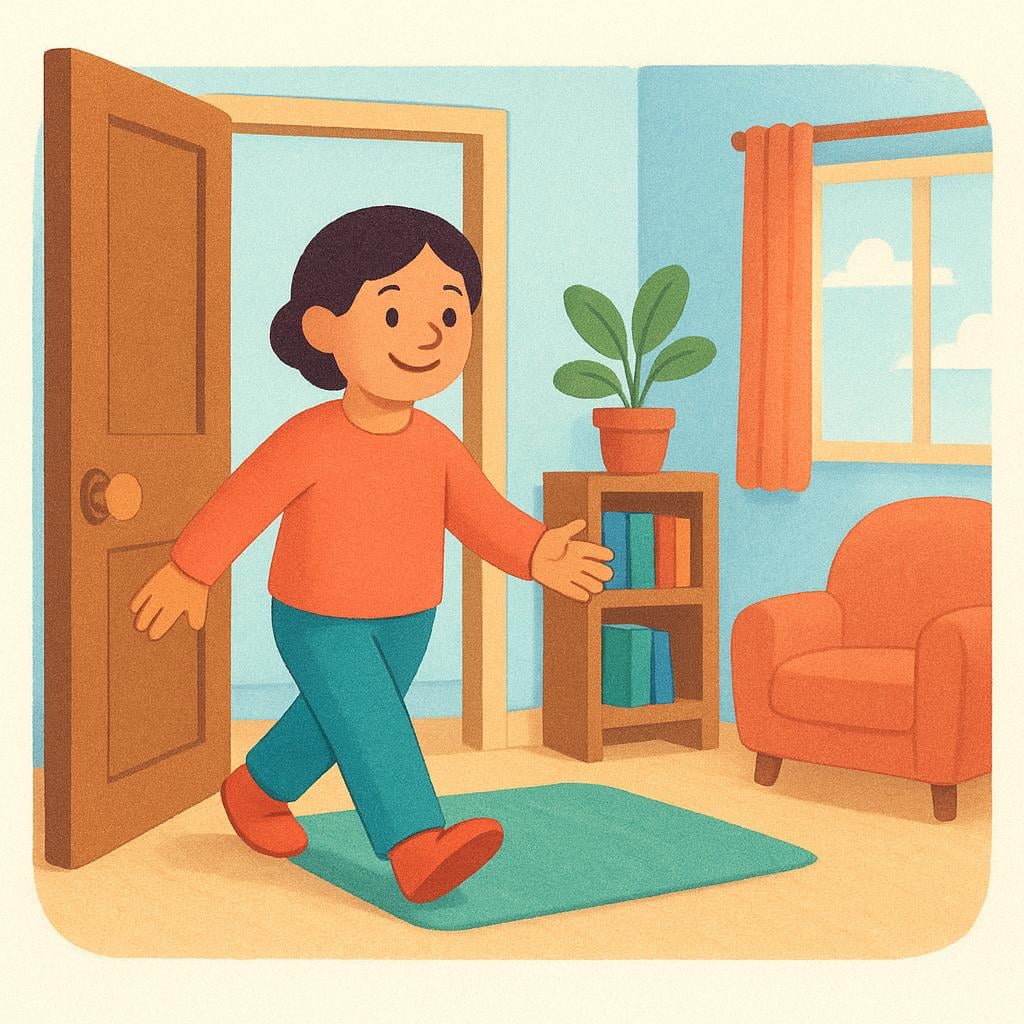 A happy character stepping across the threshold of a doorway, clearly indicating arrival at a location.