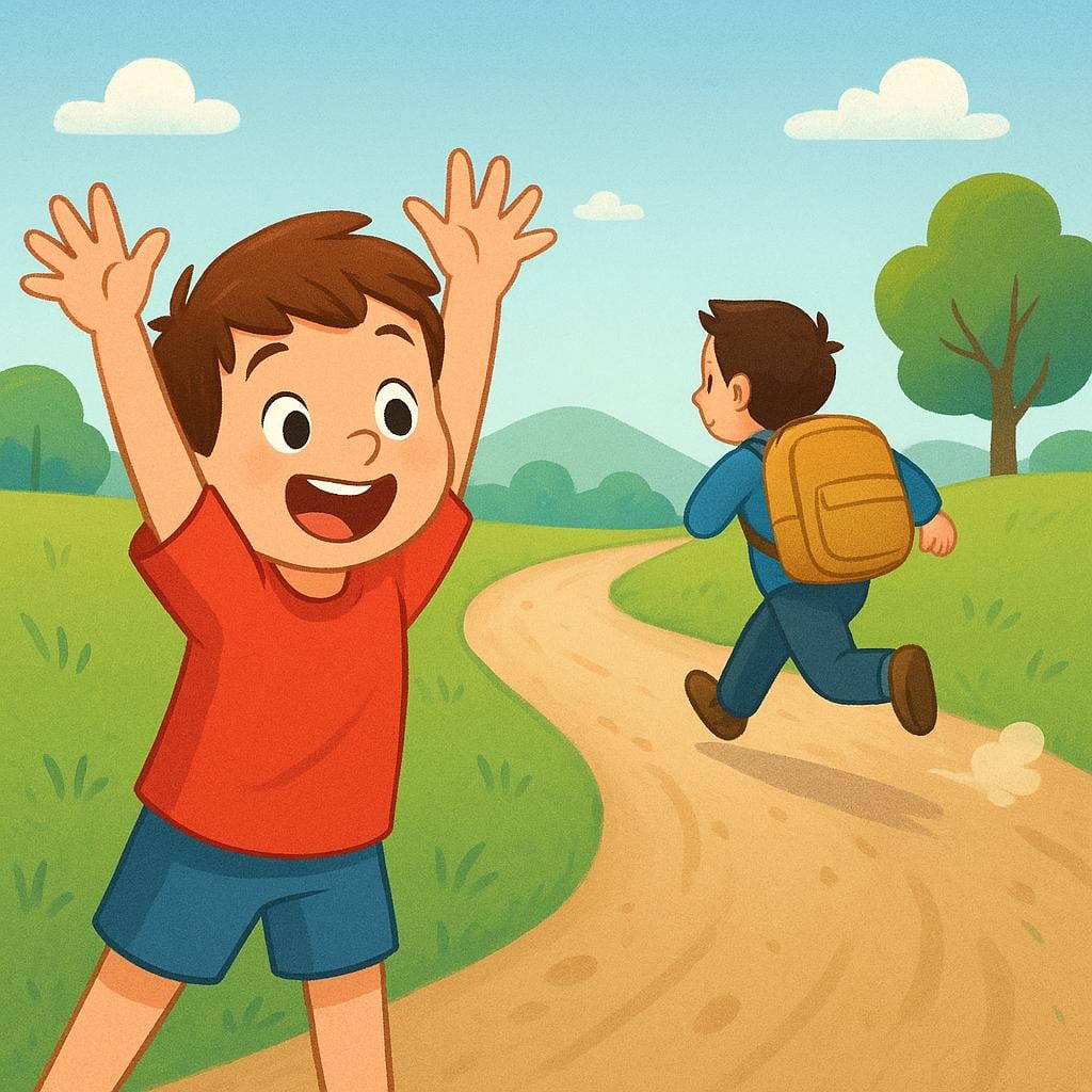 A child urgently waving their arms toward a friend running on a path, commanding them to hurry and arrive.