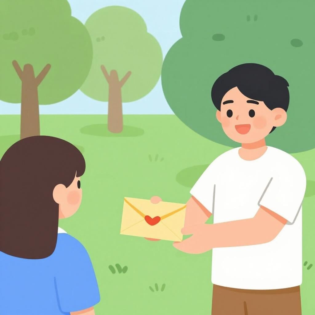 A friendly person handing a colorful envelope to a smiling friend in a park.