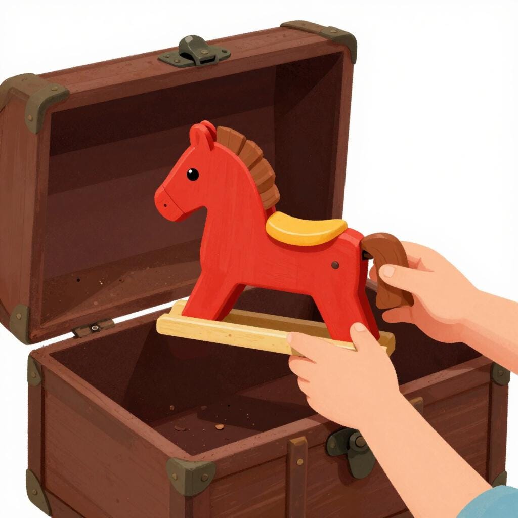 A colorful vintage toy being pulled out of a dusty old wooden trunk.