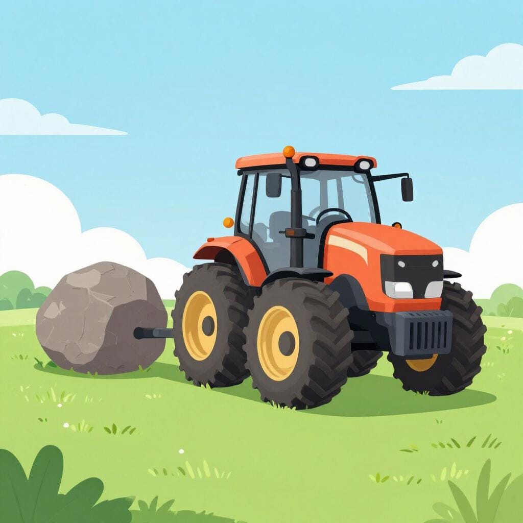 A powerful tractor pulling a massive boulder across a field.