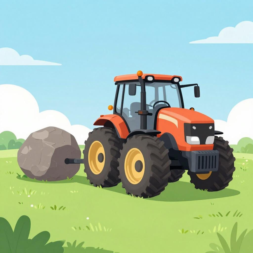 A powerful tractor pulling a massive boulder across a field.