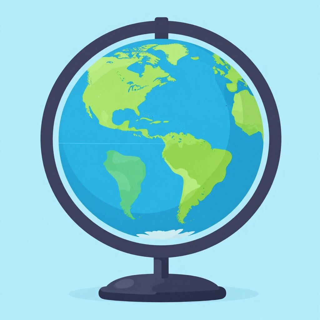 A colorful storybook illustration of a globe sitting on a wooden table, showing continents and oceans.