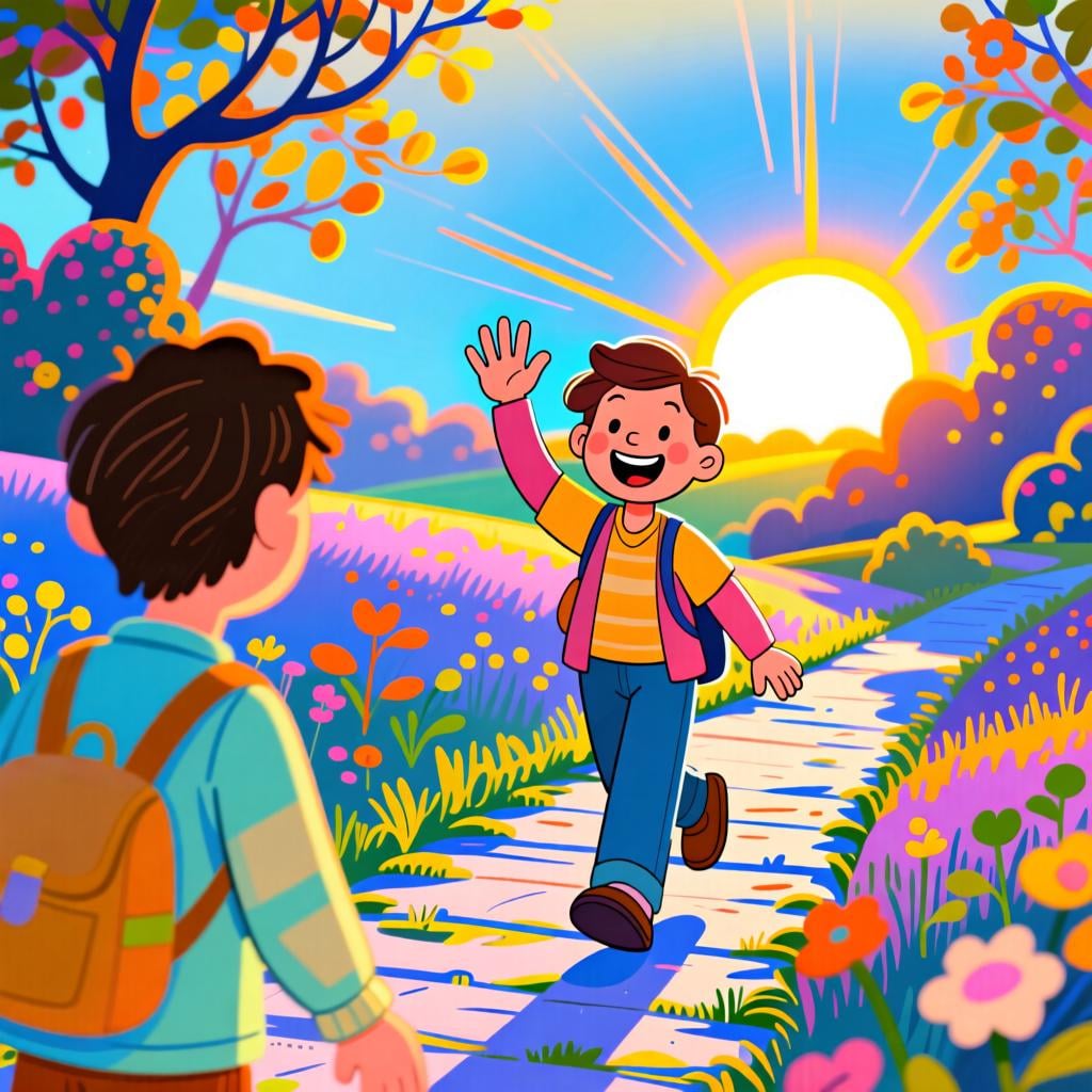 A bright, golden morning scene where one person waves cheerfully to another, representing a morning greeting.
