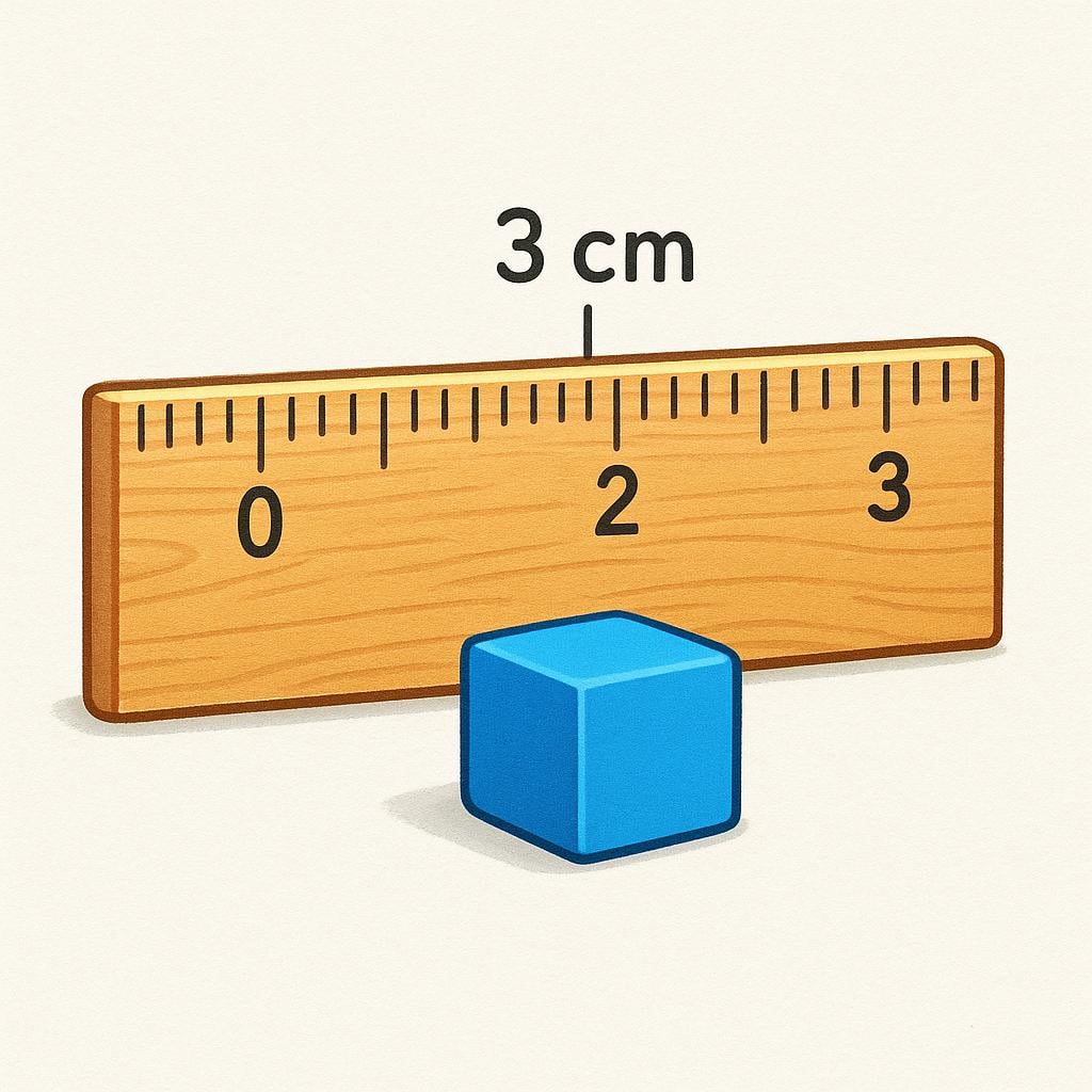 A large wooden ruler placed next to a small, brightly colored cube block, illustrating physical measurement.
