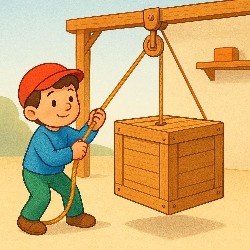 Um personagem de desenho animado usando um sistema de corda e polia para abaixar suavemente uma grande caixa de madeira em direção ao chão.