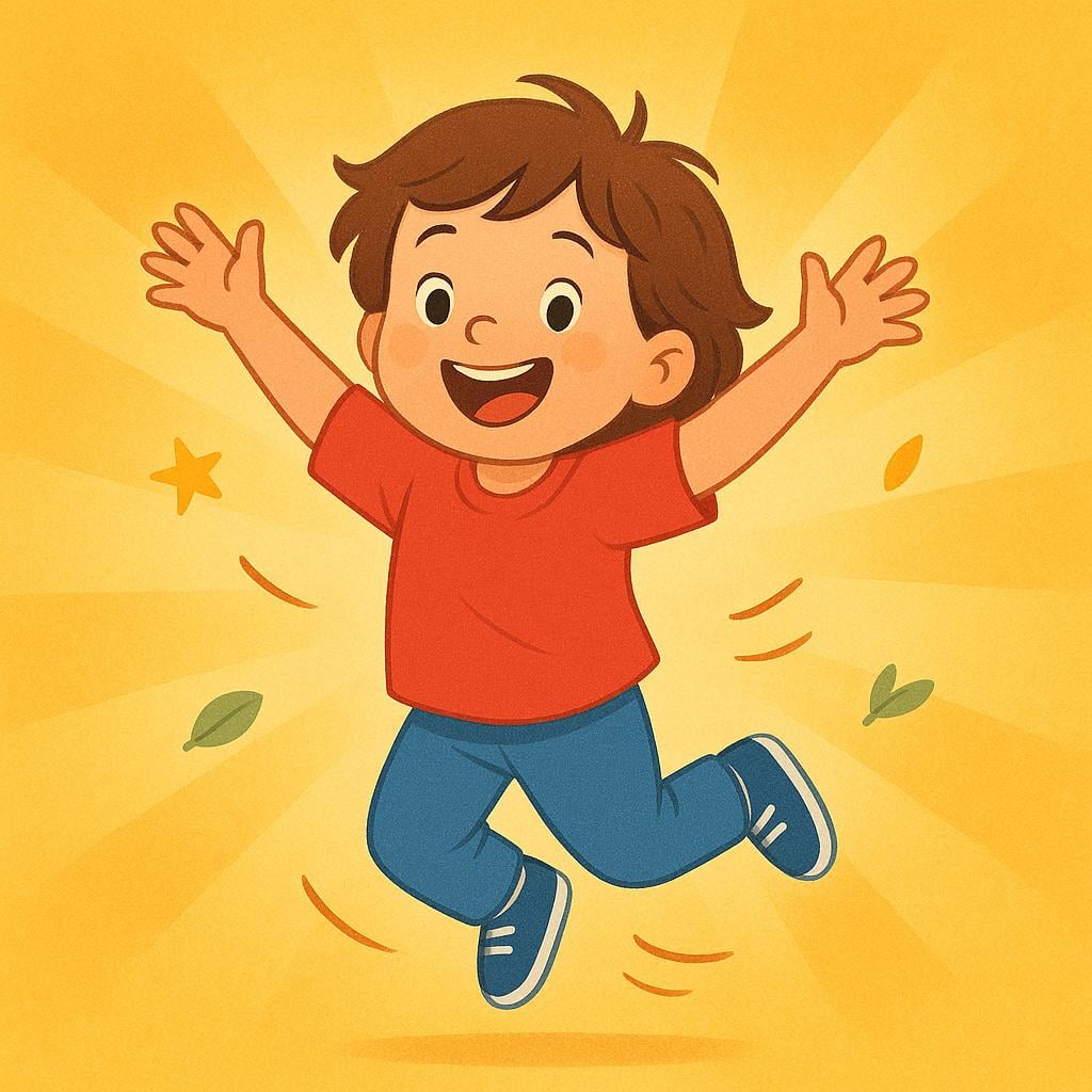 A vibrant illustration of a young child leaping high with a wide smile and arms raised in an expression of pure happiness and excitement.