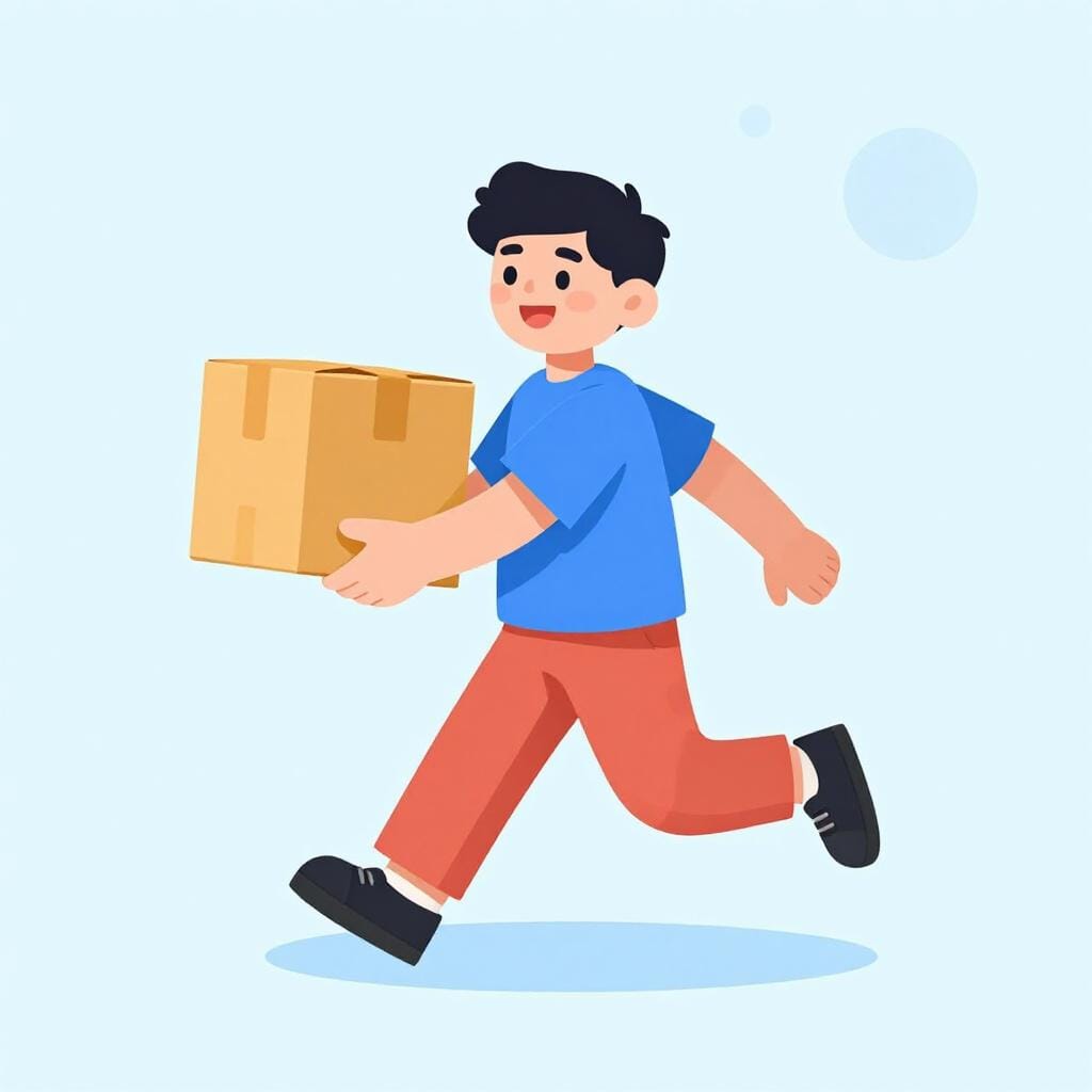 A person in a simple uniform happily carrying a stack of boxes to represent a quick task.