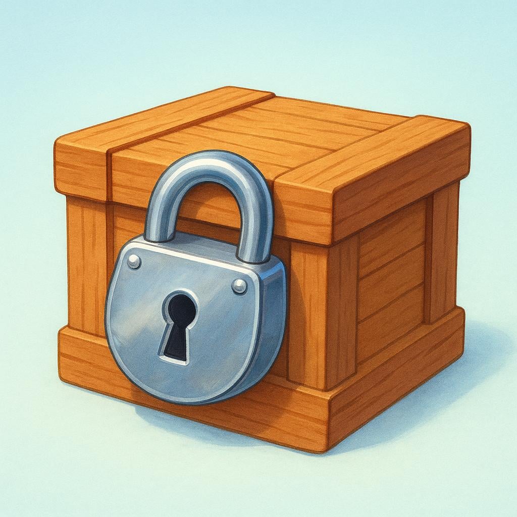 A small, sturdy wooden box secured tightly with a shiny silver padlock, symbolizing confidential information being kept hidden.