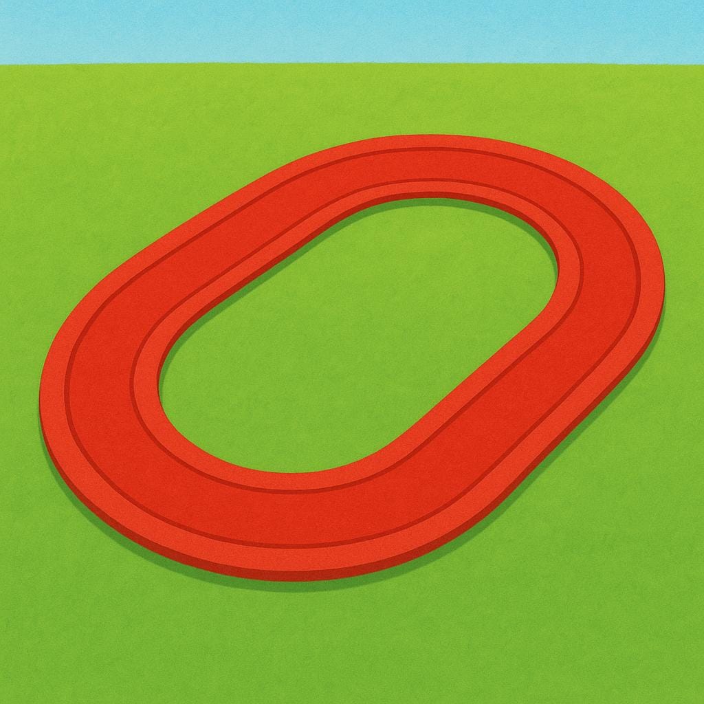 A vibrant illustration of a simple, closed, winding red racetrack path laid out on a green field, emphasizing the continuous loop.