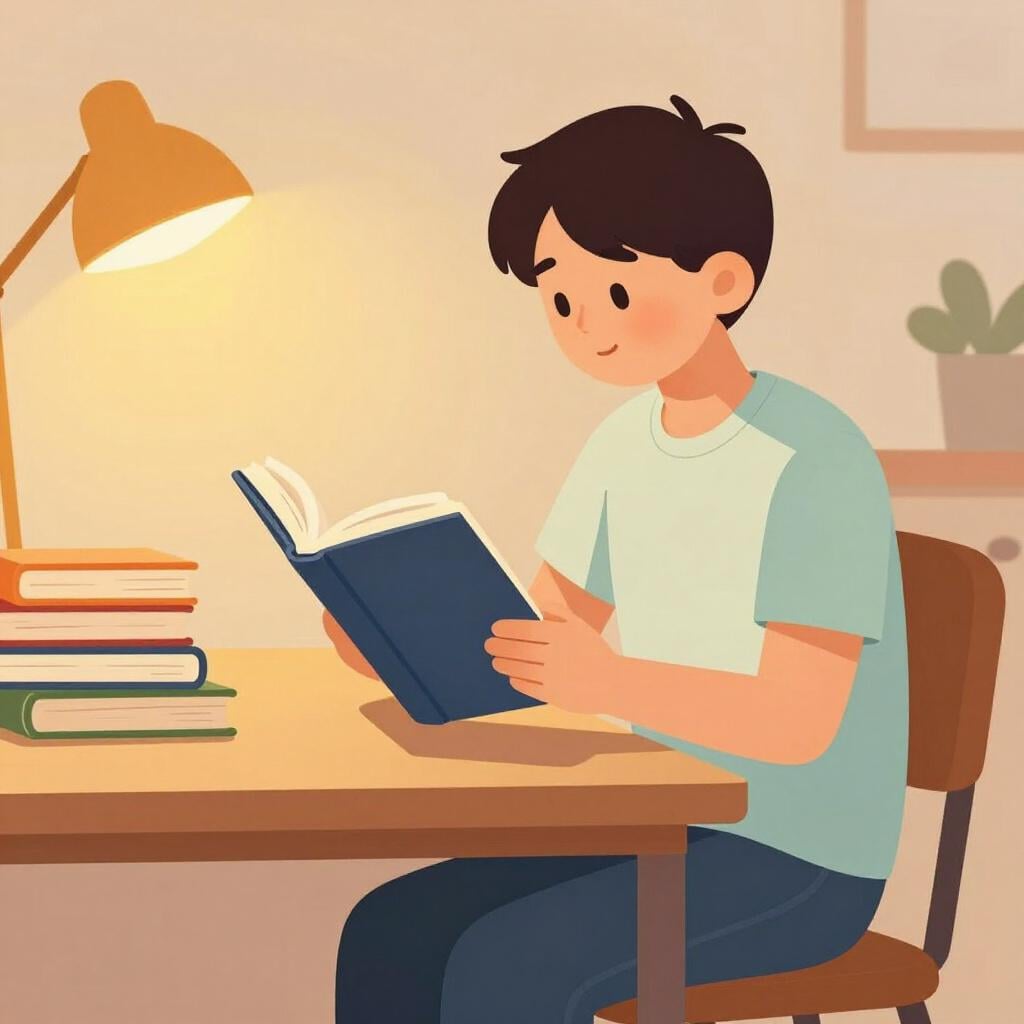 Um jovem estudante sentado a uma secretária de madeira, concentrado na leitura de um grande livro aberto sob uma lâmpada quente.