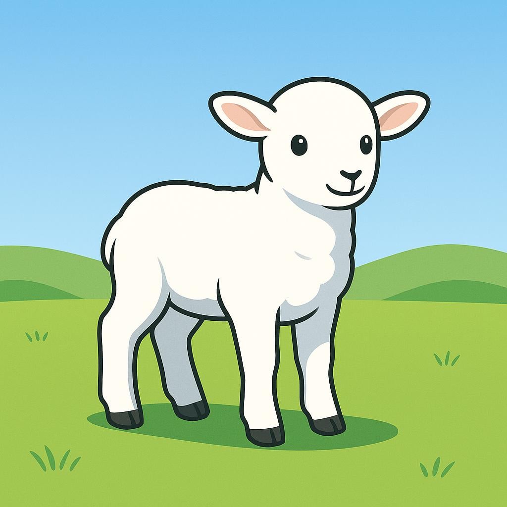 A pure white lamb standing calmly in a bright, grassy green field under a clear blue sky, symbolizing being untouched by guilt.