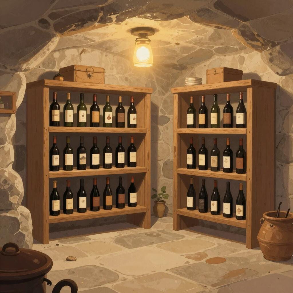 Uma sala subterrânea acolhedora com paredes de pedra a segurar muitas prateleiras de madeira cheias de garrafas de vinho.