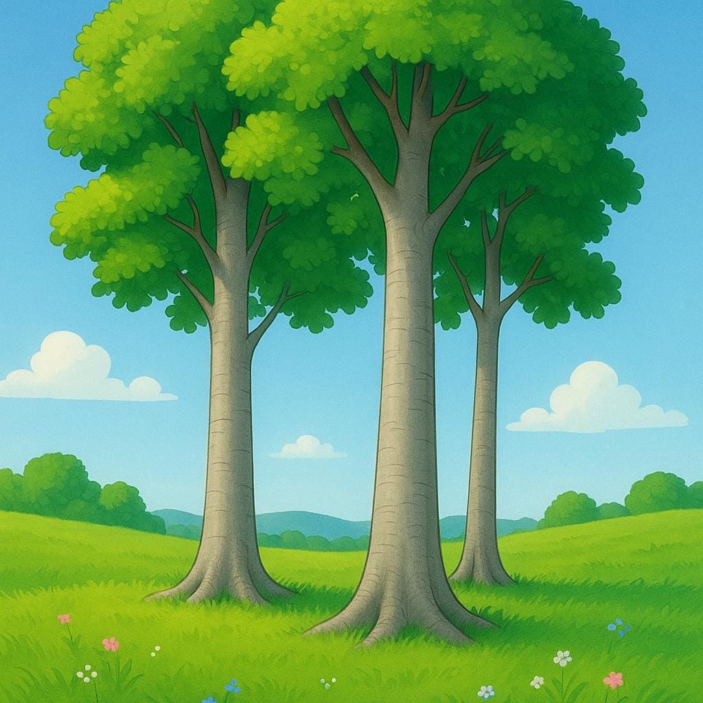 A group of tall, smooth-barked beech trees with lush green leaves in a forest setting.