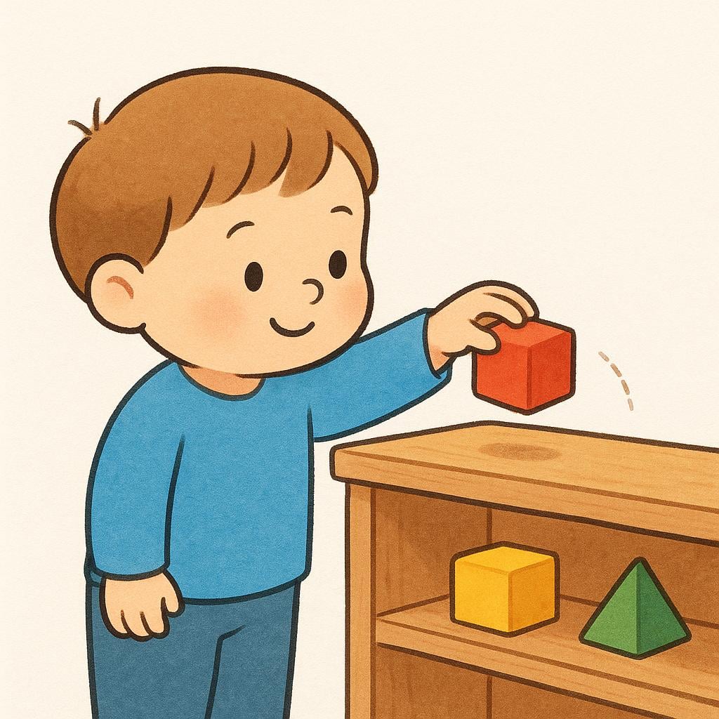 A small child holds a red cube block directly above a wooden shelf, ready to set it down.