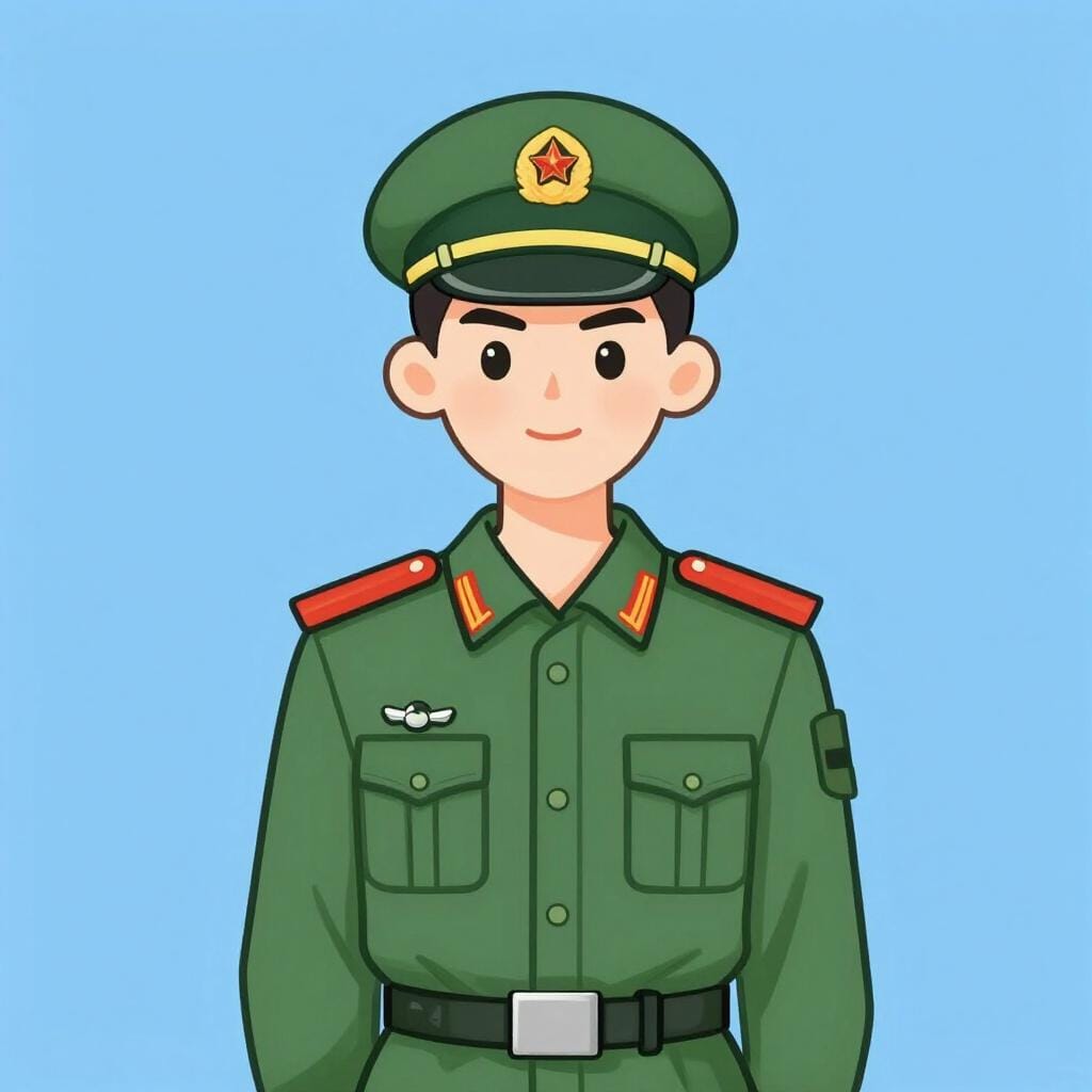 Een jong persoon in een nieuw militair uniform, trots rechtop staand.