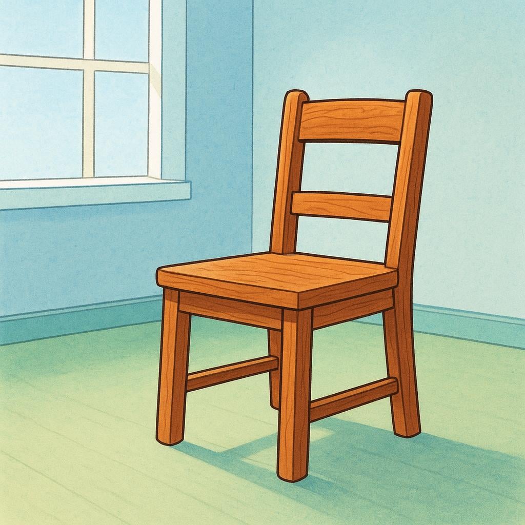 A brightly colored, simple wooden chair with four legs and a backrest, sitting alone in a bright room.
