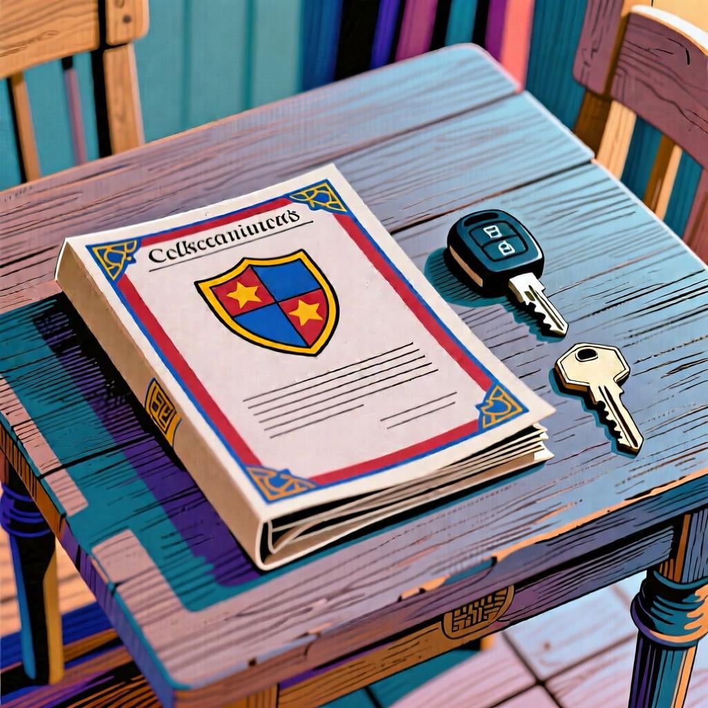 An insurance policy document with a shield icon, placed next to car and house keys.
