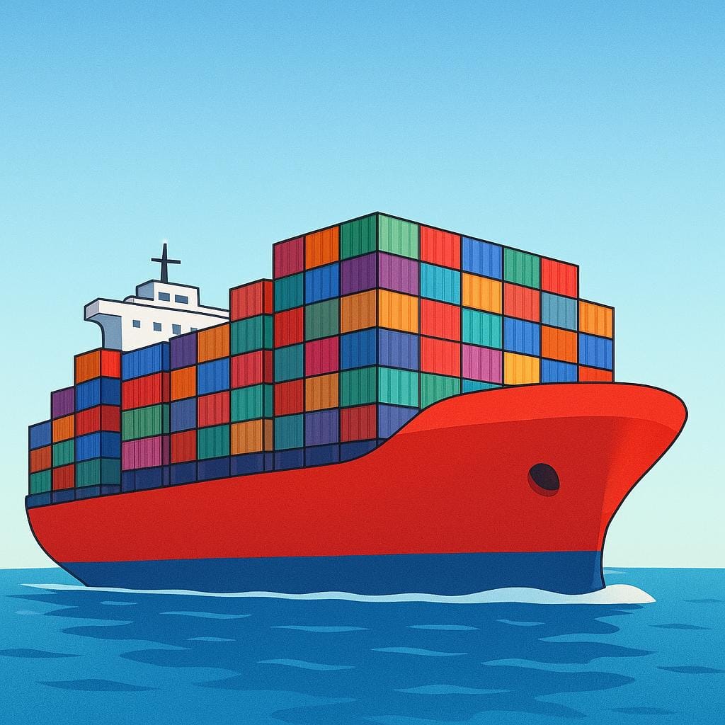 A massive, brightly colored container ship sailing on the ocean, loaded high with stacked shipping containers representing commercial goods.