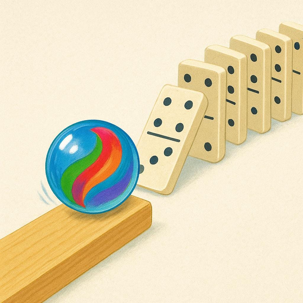 A colorful marble rolls down a ramp and gently pushes the first domino, initiating a chain reaction, symbolizing causation.