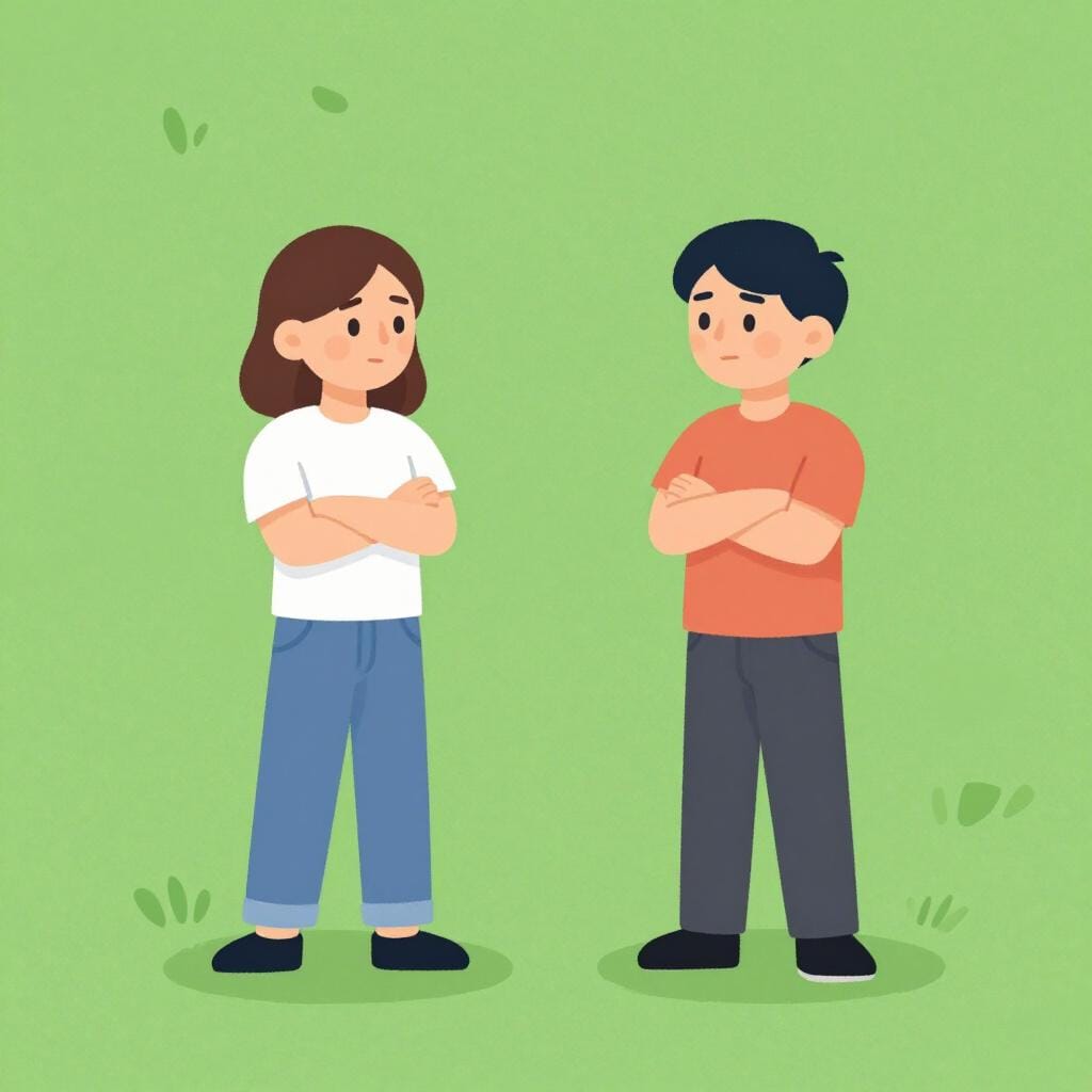 Twee mensen die tegenover elkaar staan aan weerszijden van een lijn, met gekruiste armen om onenigheid te tonen.