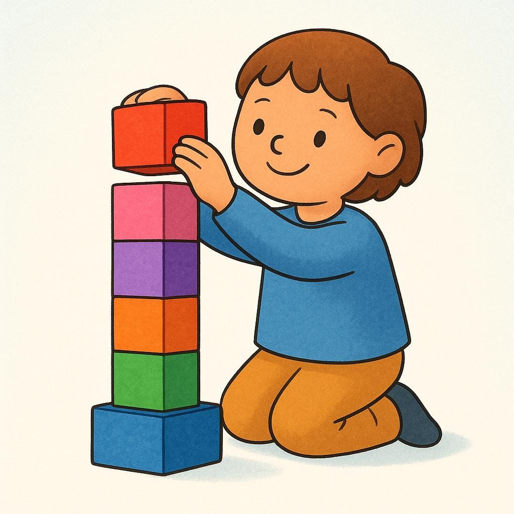 Un'illustrazione di alta qualità in stile libro di fiabe di un personaggio dei cartoni animati sorridente che posiziona il blocco finale, rosso vivo, sopra una torre di blocchi colorati perfettamente costruita, a simboleggiare il completamento.