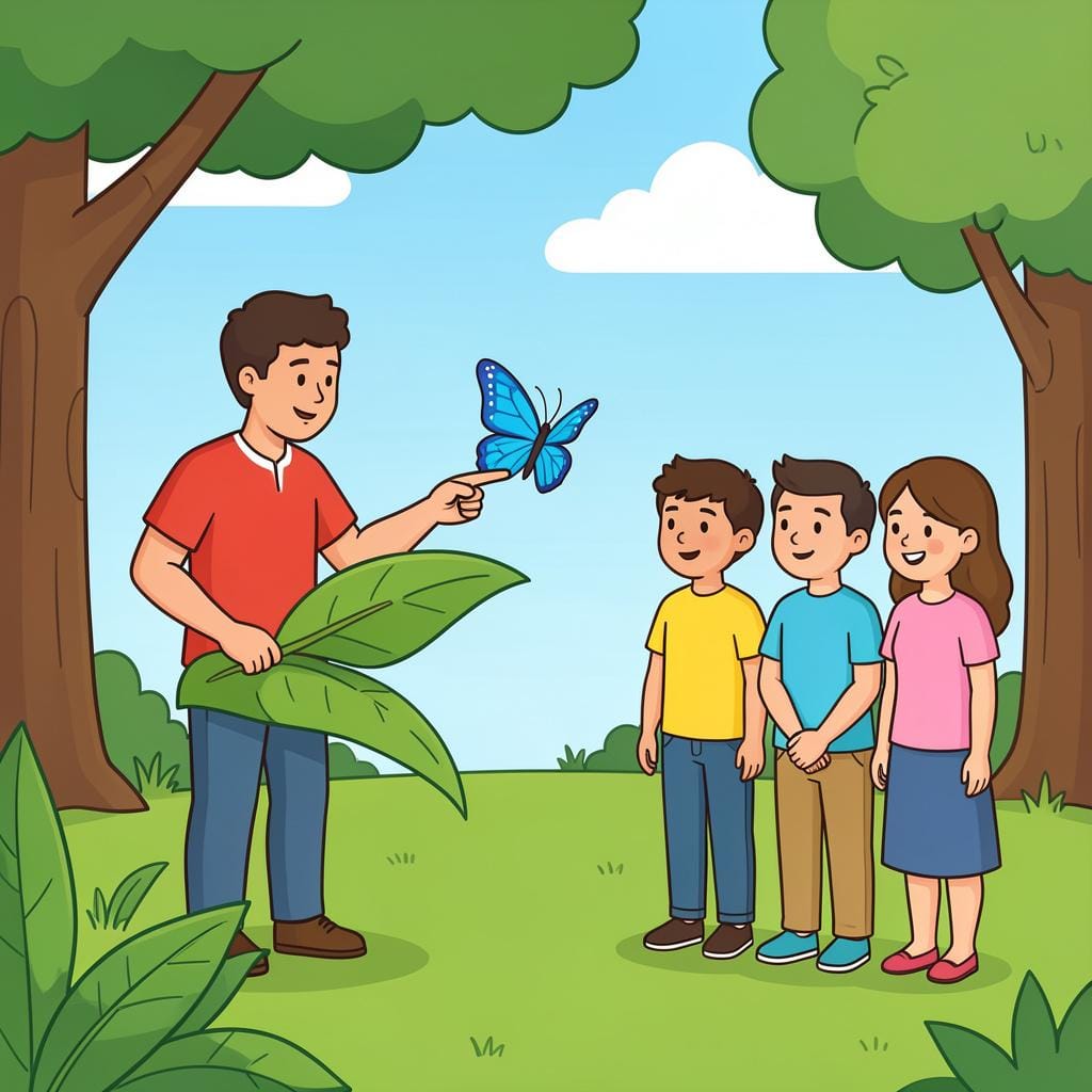 Une personne montrant un beau papillon sur une feuille tandis qu'un groupe de personnes regarde avec intérêt.